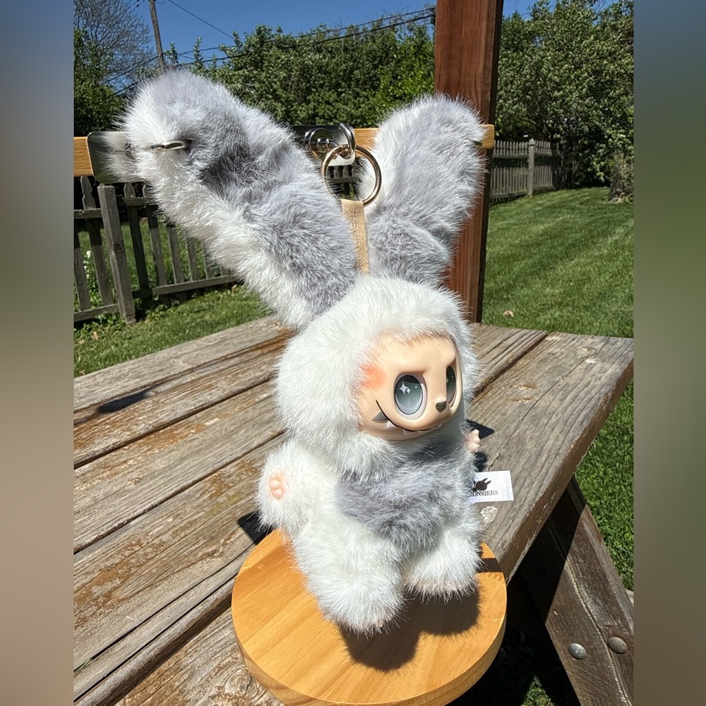 Grey Labubu Plush Bunny Keychain Bag Charm-White and Gray Stuffed Animal Toy - Picture 3 of 9
